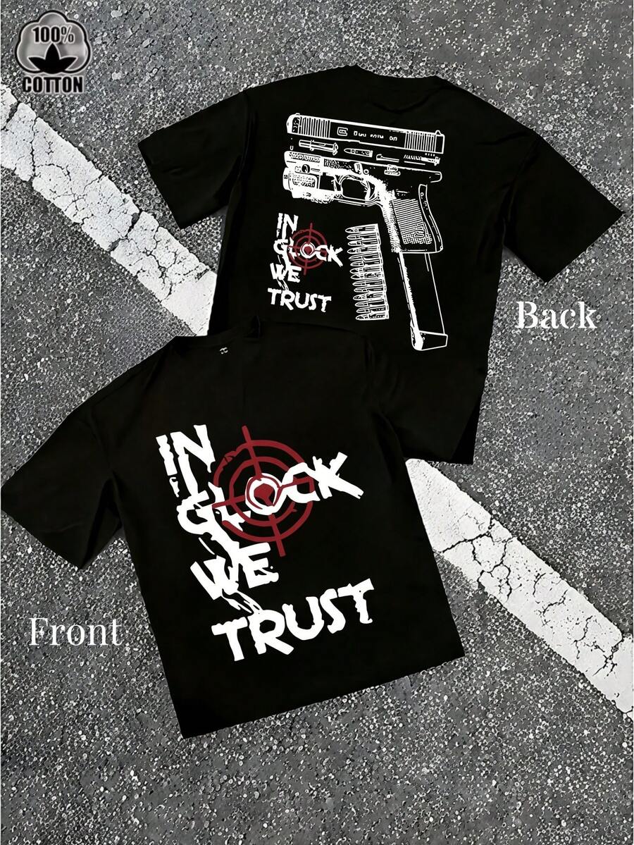 [Printed T-Shirt] Men's "Trust Us" Version B Gun Pattern Slogan T-Shirt ,  Casual Men's Round-Neck Short-Sleeve Cotton T-Shirt For Spring And Summer - 黑色 - 查看 1