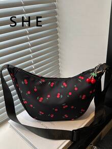 Niche Underarm Bag, Cherry Print Handbag, Urban Minimalist Tote Bag, Underarm Dumpling Bag With Pendant - Black - View 2