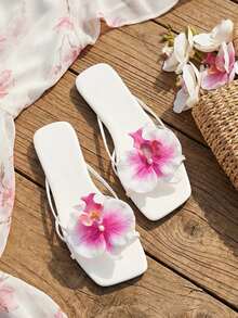 planare Dép xăng đan đế bằng màu hồng cánh sen họa tiết hoa 3D mới, dép bệt trắng kiểu dáng slip-on, thích hợp cho bãi biển, kỳ nghỉ, đám cưới, giày thời trang mùa hè cho nữ. - Hoa màu trắng và hồng đỏ - Xem 8