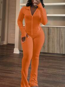 LovelyWholesale Women's Casual Stand Collar Long Sleeve Solid Color Zip-Up Fitted Top And Yoga Pants Set, Spring Outfit Elegant - Orange - View 2
