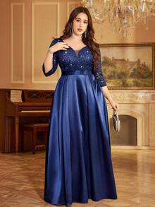 Đầm dạ hội dài size lớn thanh lịch cổ chữ V sâu đính sequin phối ren tay lỡ 3/4 phối satin tương phản, đầm dự tiệc tối dạ hội, đầm khách mời đám cưới trang trọng, cho tiệc homecoming - Màu xanh hải quân - Xem 3