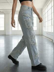 Womens Y2K 90s Vintage Streetwear Wide Leg Plus Size Distressed Denim Jeans With Side Pockets Elastic Design Frayed Hem Unique Fringe Detail Perfect For Festivals Celebrations Autumn Wear, Jeans Ripped, Vintage Clothes Women - Baby Blue - View 2