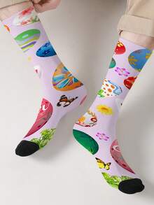 1 Pair Of Easter Egg Socks, Spring Soft Cute Easter Egg Style, Atmosphere Socks With 360° Printed Easter Egg Design, And Unique, Comfortable, High-Value, Versatile Mid-Calf Socks - Baby Pink - View 1