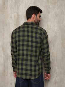 Men's Flannel Plaid Shirt, Long Sleeve Blouse - Army Green - View 3