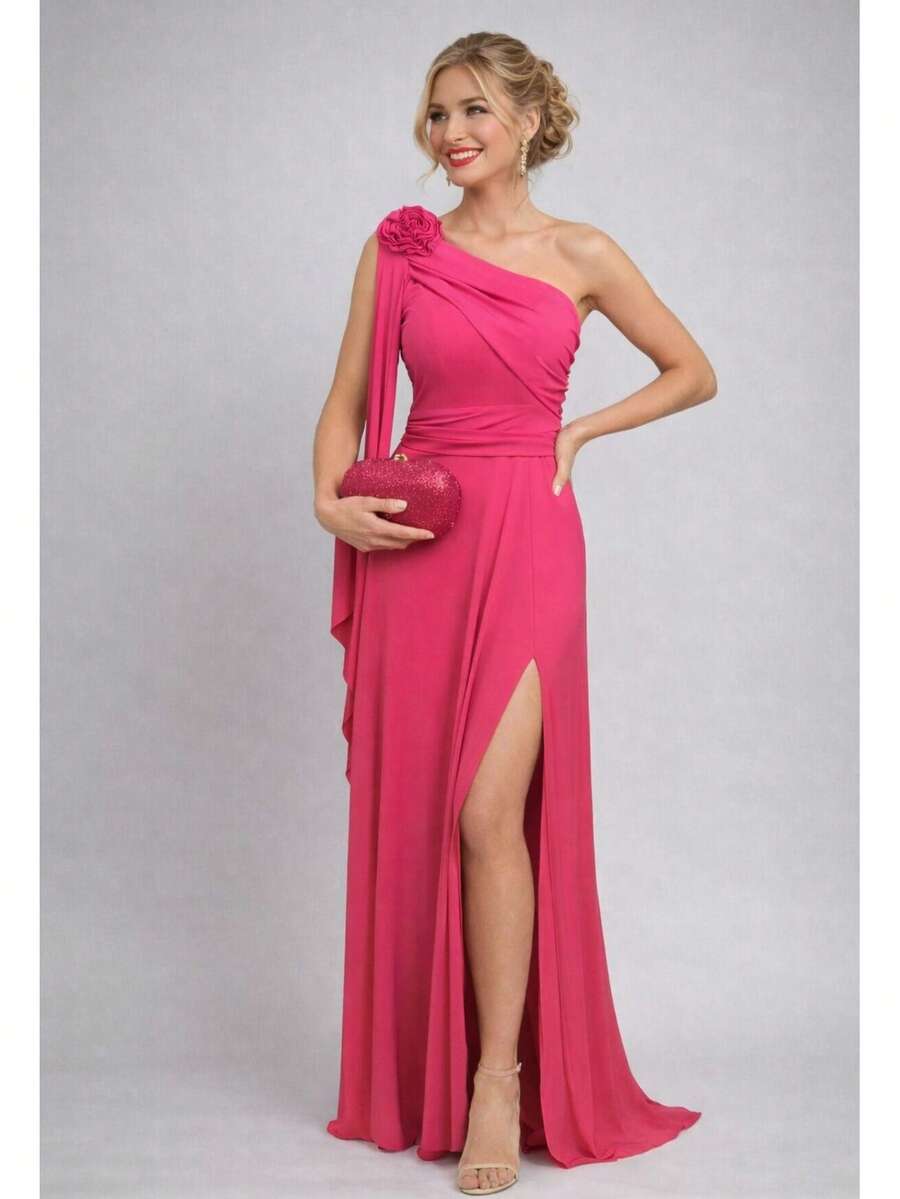 Bridesmaid Dress For Party Guests Reception Graduation Without Shine Cape Sleeve In Fluity Cpom Flower Brooch - 玫紅色 - 查看 1