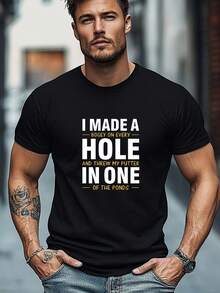 Funny T-Shirt For Men - I Made A Bogey On Every Hole And My Putter In The Ponds - Casual Dark Blue Golfer's T-Shirt - Lightweight Summer T-Shirt - Regular Fit Crew Neck T-Shirt For Outings And Casual Wear, T-Shirt, Funny Graphic Tee, Playful Design, Comfortable Fit, Leisure Wear, Statement Wear, Durable Construction, Sports Fans - 黑色 - 查看 1