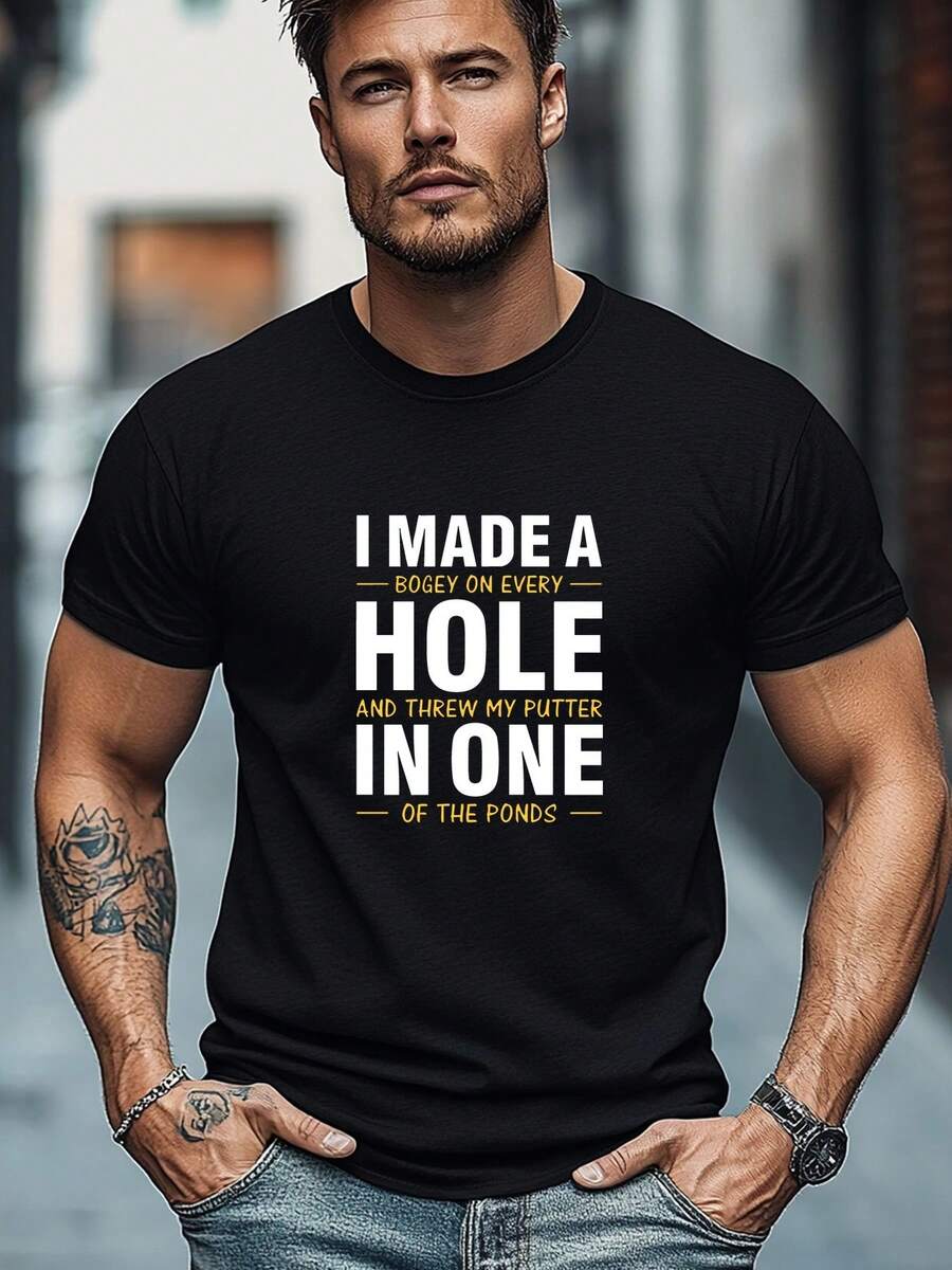 Funny T-Shirt For Men - I Made A Bogey On Every Hole And My Putter In The Ponds - Casual Dark Blue Golfer's T-Shirt - Lightweight Summer T-Shirt - Regular Fit Crew Neck T-Shirt For Outings And Casual Wear, T-Shirt, Funny Graphic Tee, Playful Design, Comfortable Fit, Leisure Wear, Statement Wear, Durable Construction, Sports Fans - 黑色 - 查看 1