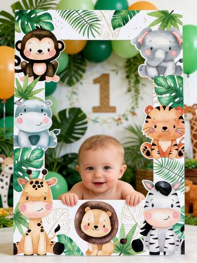 1set Jungle Animal Party Photo Frame Props, Wild One 1st Birthday Photo Booth Props, Jungle Animal Theme Baby Shower Party Photography Backdrop Decor, Baby Boy Birthday Party Decor, Gender Reveal Decorations, Jungle Animal Party Decor, Baby Party Supplies