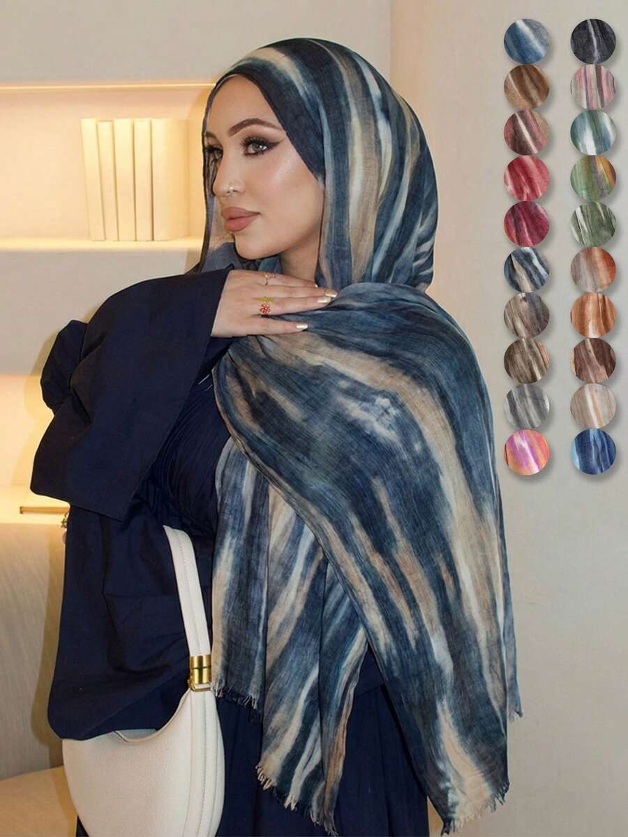 1 Stück Regenbogen gestreifter bedruckter Viskose Hijab, bohemian modisch, bequem und weich Damen Modal Schal, lässig und vielseitig Sonnenschutz Umhang, geeignet als Damen Accessoire für den täglichen Gebrauch und Festtage - Verschiedenfarbig - Übersicht 1