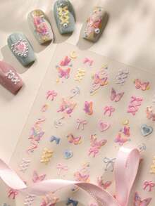 1pc French Sweet Butterfly, Star, Moon & Heart Nail Art Stickers, 5D Romantic Dreamy Nail Decor For Women & Girls, Self-Adhesive - Multicolor - View 3