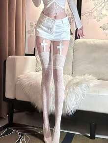 1 Pc Women Black Lace Floral Thigh High Stockings With Cross Decor | Gothic Dark Lolita Style | Suitable For Cosplay Events, Gothic Party, Lolita Outfits, Date Night & Themed Photography - Multicolor - View 10