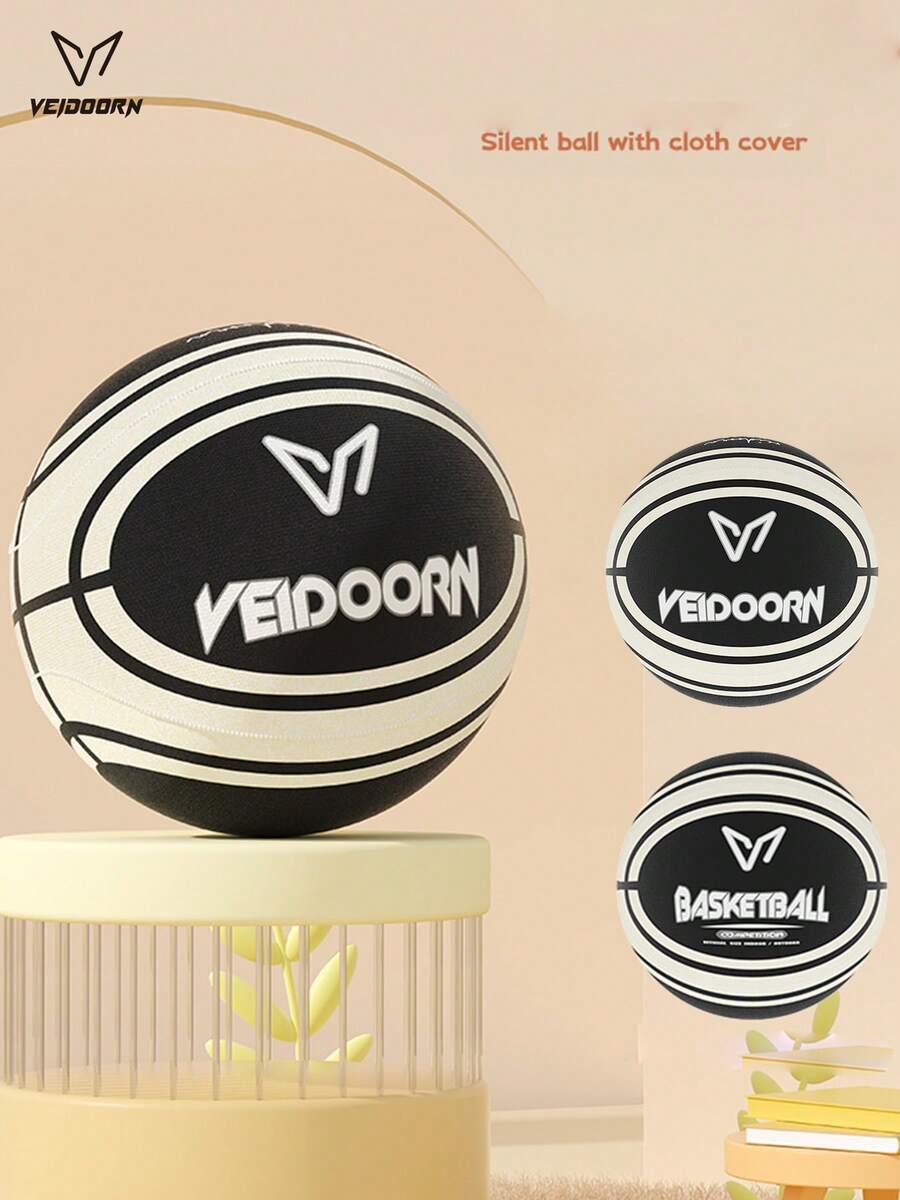 veidoorn 1pc Size 5/7 Quiet Basketball With Washable Cloth Cover, Solid Material For Indoor/Outdoor Use, Synthetic Material, Silent Dribbling, Black & Orange Color, Suitable For Home Or Gym, Basketball Accessory