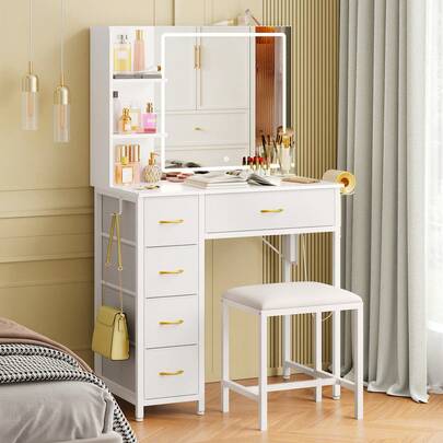 Tomnk 80cm Large Mirror Vanity Table With 5 Fabric Drawers & Storage Shelf, White Makeup Dressing Desk With Stool, LED Lighted Mirror 3 Color Adjustable (Powered By USB), Holiday Gift For Women Girls, Modern Bedroom Furniture
