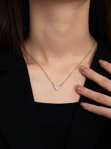 1pc S925 Sterling Silver V-Shaped Necklace, Women's Romantic Heart Pendant With Diamonds, Minimalist Dainty Clavicle Chain, Fashionable Versatile Necklace For Daily Wear - Love - View 1