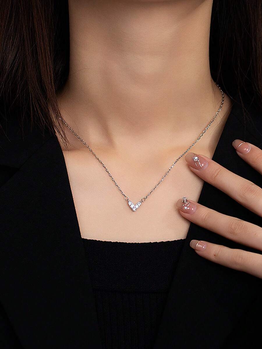 1pc S925 Sterling Silver V-Shaped Necklace, Women's Romantic Heart Pendant With Diamonds, Minimalist Dainty Clavicle Chain, Fashionable Versatile Necklace For Daily Wear - Love - View 1