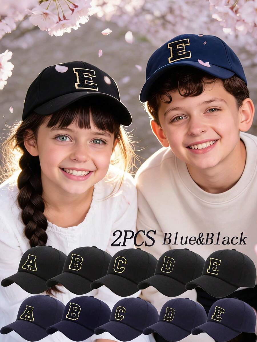 2顶儿童嘻哈帽，A-Z字母刺绣棒球帽，可调节男女通用户外遮阳帽，米白色，适合8-16岁儿童 - 彩色 - 查看 1