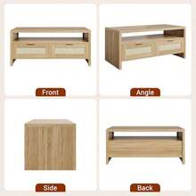 Mesa de centro de madera estilo rústico con 2 cajones y estante - 100 cm, tablero grueso y detalles de ratán - Mesa de salón con espacio para TV, consola multimedia para una sala de estar moderna - Marrón - Ver 6