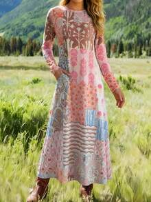 女士波西米亚风拼接碎花长袖连衣裙，休闲圆领口袋碎花长裙，女士情人节派对连衣裙，女士假日长裙，优雅派对连衣裙，适合春夏度假穿着，粉色 - 粉色 - 查看 4