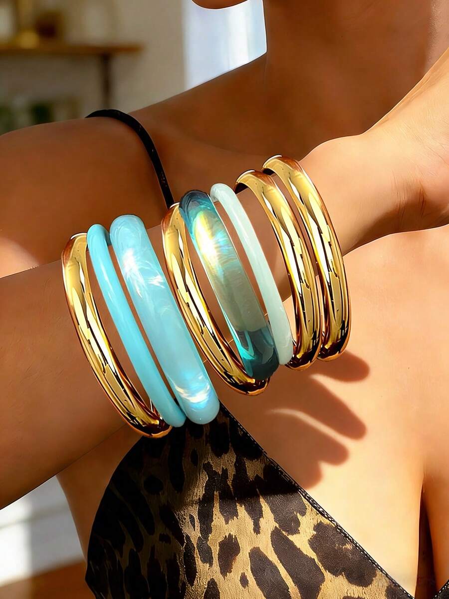 8件/4件套女士手链套装，复古时尚优雅简约日常百搭手镯套装，蓝色树脂扎染镂空手链套装，多件可叠戴首饰，适合日常、派对、送礼。 - 彩色 - 查看 1