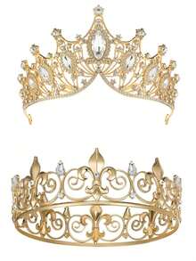 2pcs King And Queen Crown Set, Unisex, Suitable For Wedding, Graduation, Birthday, Valentine's Day Party And Other Occasions - Gold - View 7