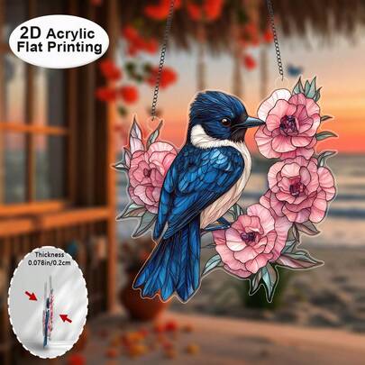 2D-plattdesign - 2D-utskriven, monolitisk, solljusfångare, dekorativ hängande prydnad, blå fågel och blommönster, fågeldekor, heminredning, present till fågelälskare, väggdekor, naturinspirerad dekoration