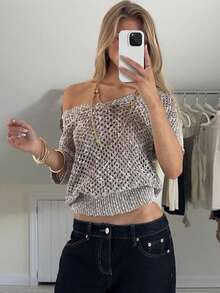 2026 Spring/Summer Fashion Women's Hollow Out Crochet Shoulder Top, Drop Shoulder Design, Casual Short Sleeve V-Neck - Grey - View 1