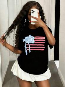 1 Pack Girls Casual Printed Crew Neck Short Sleeve T-Shirt Summer Student Youth Clothing - màu đen - Xem 1