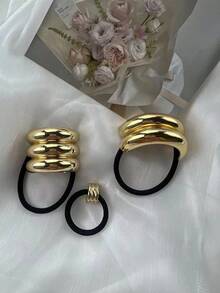 Set de 3 Sujetadores de pelo elásticos con remaches metálicos de estilo geométrico europeo y americano, nuevos sujetadores de pelo elegantes, bandas de pelo multifuncionales, sujetadores de pelo con estilo retro, coleteros, accesorios para el cabello, bandas de goma para el cabello, scrunchies, cuerda para el cabello - Dorado - Ver 2