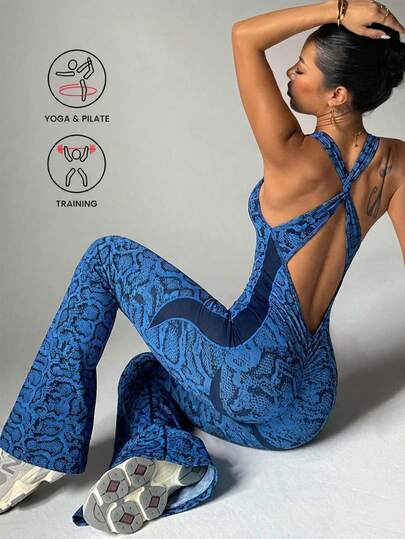 1 bộ liền thân không đường may, họa tiết da rắn, co giãn cao, ôm bụng, thích hợp cho thể thao và yoga dành cho nữ.