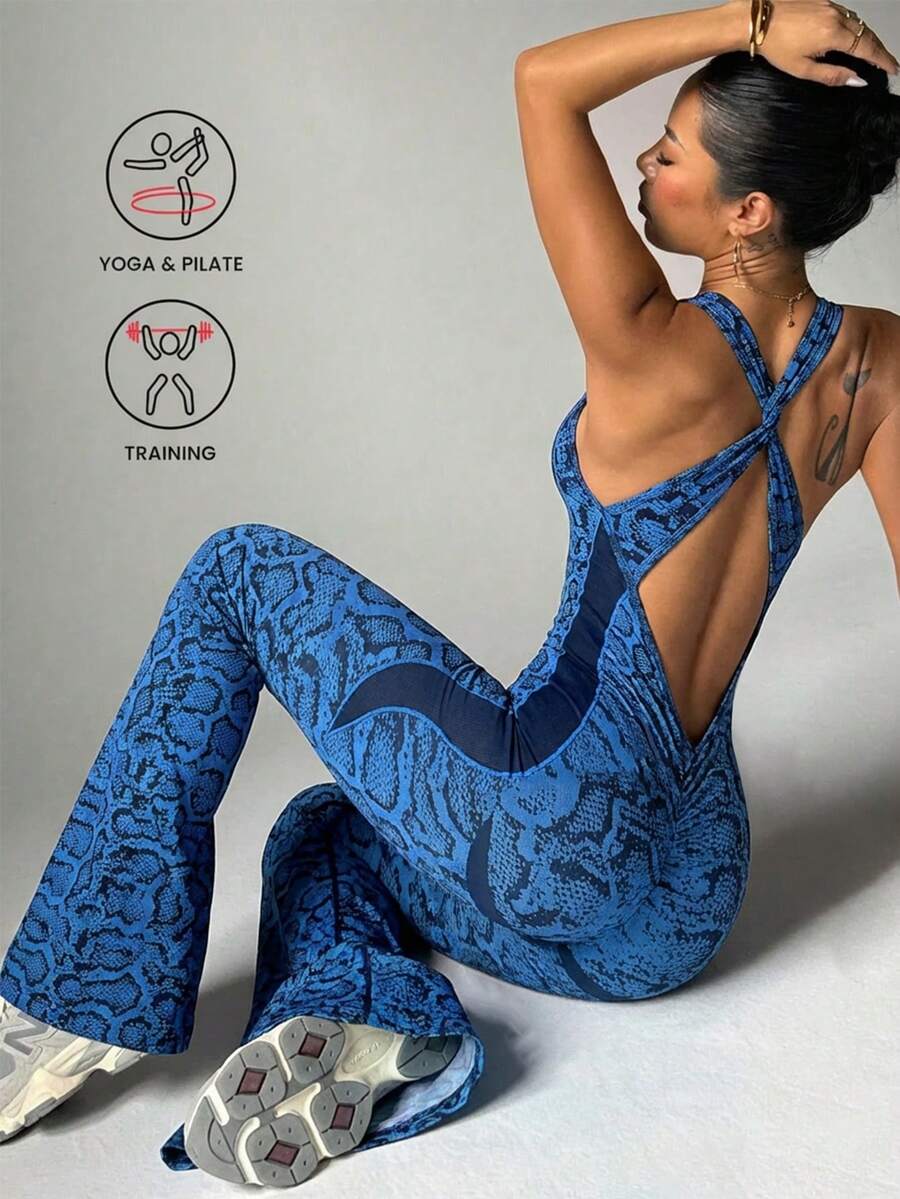 1pc Seamless Snake Skin Pattern High Stretch Tummy Control Sports Yoga Jumpsuit For Women - Navy Blue - View 1