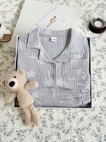 2pcs/Set Baby Boy Coconut Tree Print Cotton Shirt + Shorts Set, Spring/Summer - Dusty Blue - View 9