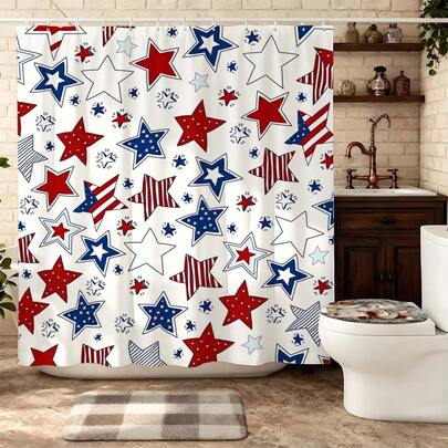 American Flag Star Patchwork Shower Curtain 180x180cm Polyester Waterproof Mildewproof Thickened Washable Patriotic Style Bathroom Partition Curtain Colorful Star Print Home Apartment Dorm Hotel Bath Decor Essential Bath Accessory
