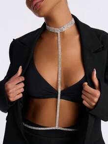 1pc Sexy Sparkling Crystal Rhinestone Body Chain, Beach Party Body Jewelry, Women Fashion Accessory - Silver - View 1