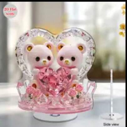 2D Rotating Acrylic Desktop Decor - Light Pink Teddy Bear With Shiny Eyes And Golden Nose, Holding Pink Heart-Shaped, 2D Rotating Base, Suitable For Outdoor Holiday Decoration (Halloween, Christmas, Easter) - Cute Bear Couple Gift, 2D Flat