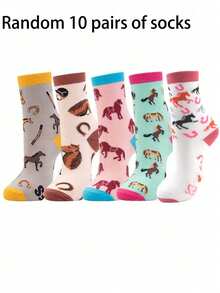 Women's Cute Horse Print Boat Socks 4/5/8/10 Pairs Color Block Equestrian Creative Cotton Socks Horse Riding Enthusiast Gift - Multicolor - View 10