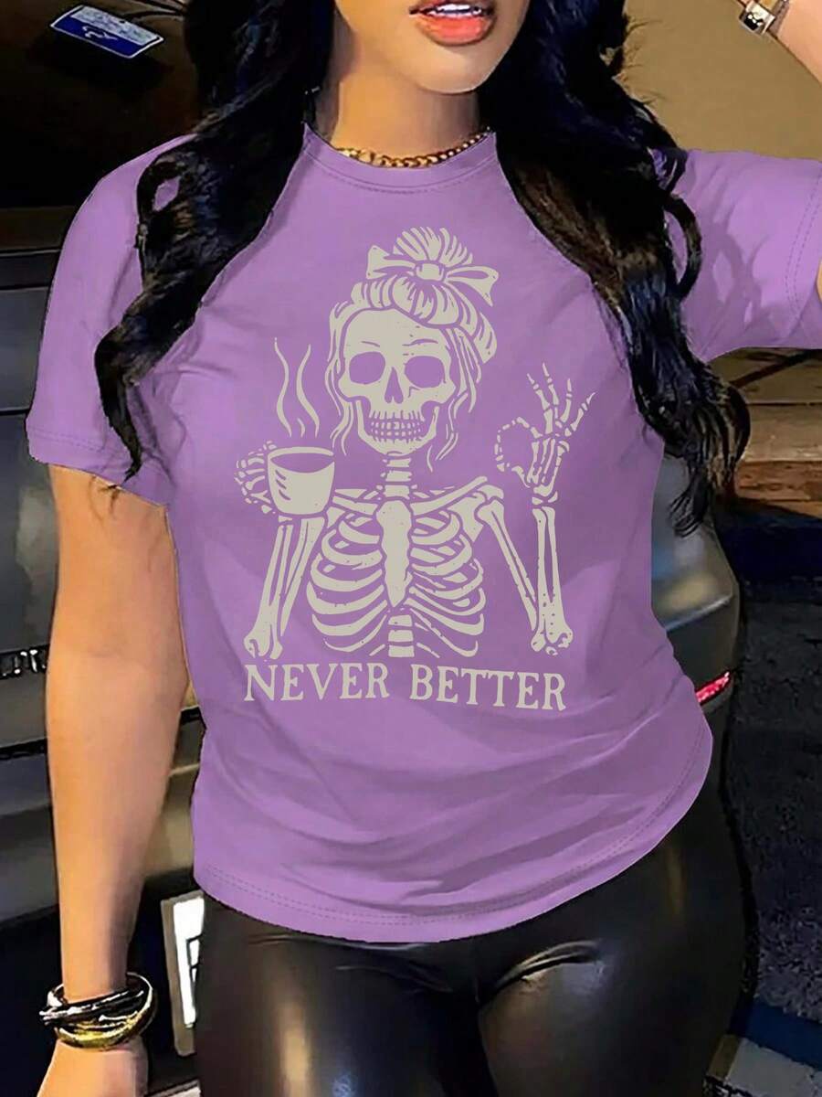 Plus Size-Coffee Skull Girl Letter Slogan Round Neck Short Sleeve Fashionable Women T-Shirt-1xl-5xl - 紫色 - 查看 1