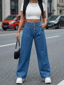 Jeans anchos de mujer de talle medio sin elastano para looks urbanos - Azul lavado oscuro - Ver 4