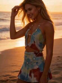 Women Mini Halter Dress Slim Beaded Chain Cut Out Open Back Ruffle Dress For Beach Party Club Travel - 薄荷藍 - 查看 6