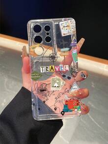 1个创意夏季旅行地图和飞机图案透明气囊TPU防震手机壳，适合作为三星S25、S24、S23、S22、A05等型号的节日礼物 - 彩色 - 查看 2