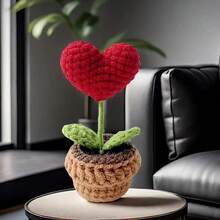 1PC Heart Shaped Handmade Knit Potted Plant, Imitation Flower Pot, Mini Ornament, Home Decor, Gift For Mother's Day, Valentine's Day, Christmas, Back To School Room Decor - 紅色 - 查看 2