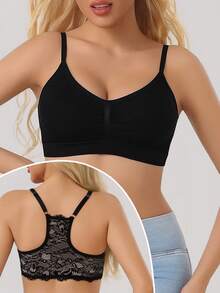 Women's Black Lace Sexy Racerback Wireless Comfortable Seamless Full Coverage Minimalist Bra - Black - View 3