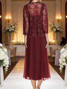 Elegant Two Piece Lace and Chiffon Outfit Featuring a Square Neck Lace Top Paired with a Matching Short Lace Jacket, Designed with Delicate Wave Edge Lace Trim for Added Texture and Dimension, Completed with a Flowing Chiffon Midi A Line Skirt that Creates a Graceful and Balanced Silhouette, Crafted from Sequin Lace and Lightweight Chiffon Fabric with Subtle Shimmer, Ideal as Mother of the Bride Outfit, Evening Wear or Formal Social Occasion Attire, Perfect for Women Seeking a Polished Look that Combines Mature Grace, Soft Femininity and Refined Elegance - Gris Claro - Ver 5