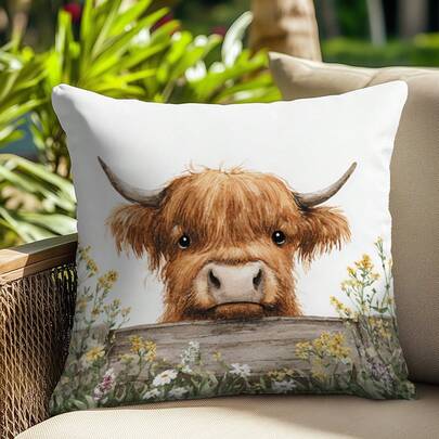 1pc Cute Highland Cow Fence Decorative Pillow Cover, Single-Sided Printed Peach Velvet Polyester, 45*45CM/18*18inch Cushion Cover For Room Decor, Modern Minimalist Sofa Living Room Decor Gift