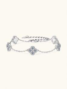 XUJIA 1pc 925 Sterling Silver Four-Leaf Clover Women's Fashion Bracelet, 3mm*20pcs Round Moissanite Lucky Pendant, Sweet Valentine's Day Gift For Girlfriend/Wife - Silver - View 11