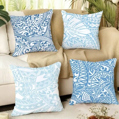 MEMNUN 4pcs Summer Tropical Floral & Geometric Print Pillow Covers [No Pillow Insert], 17.7*17.7in(45*45cm)/19.69*19.69in(50*50cm)/15.75*15.75in(40*40cm), [Single-Sided Printing], Made Of Polyester, Blue & White Polynesian Totem, Hibiscus, Turtle, Bamboo Decorative Throw Pillow Cases For Sofa, Bed, Living Room, Bedroom, Car, Office, Hotel, All Seasons, Perfect Gift For Family And Friends