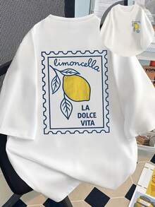 柠檬叶印花短袖圆领T恤，春夏休闲日常穿着，圆领短袖休闲T恤，适合春秋夏季节，情人节/返校季适用，白色 - 白色 - 查看 1