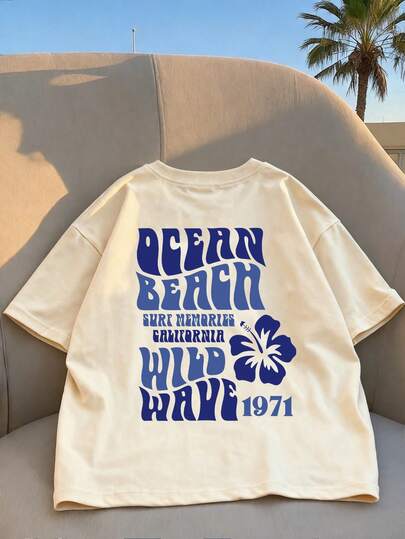 Camiseta de manga corta para adolescentes, estampado vintage de hibisco hawaiano y surf de California, ropa casual para niñas, camiseta de cuello redondo con personalidad, adecuada para primavera y verano