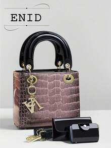 Crocodile Embossed High-Quality Mini Square Handbag, Shoulder Bag Set, Glossy Finish, Casual Versatile Crossbody Bag - Rose Gold - View 7