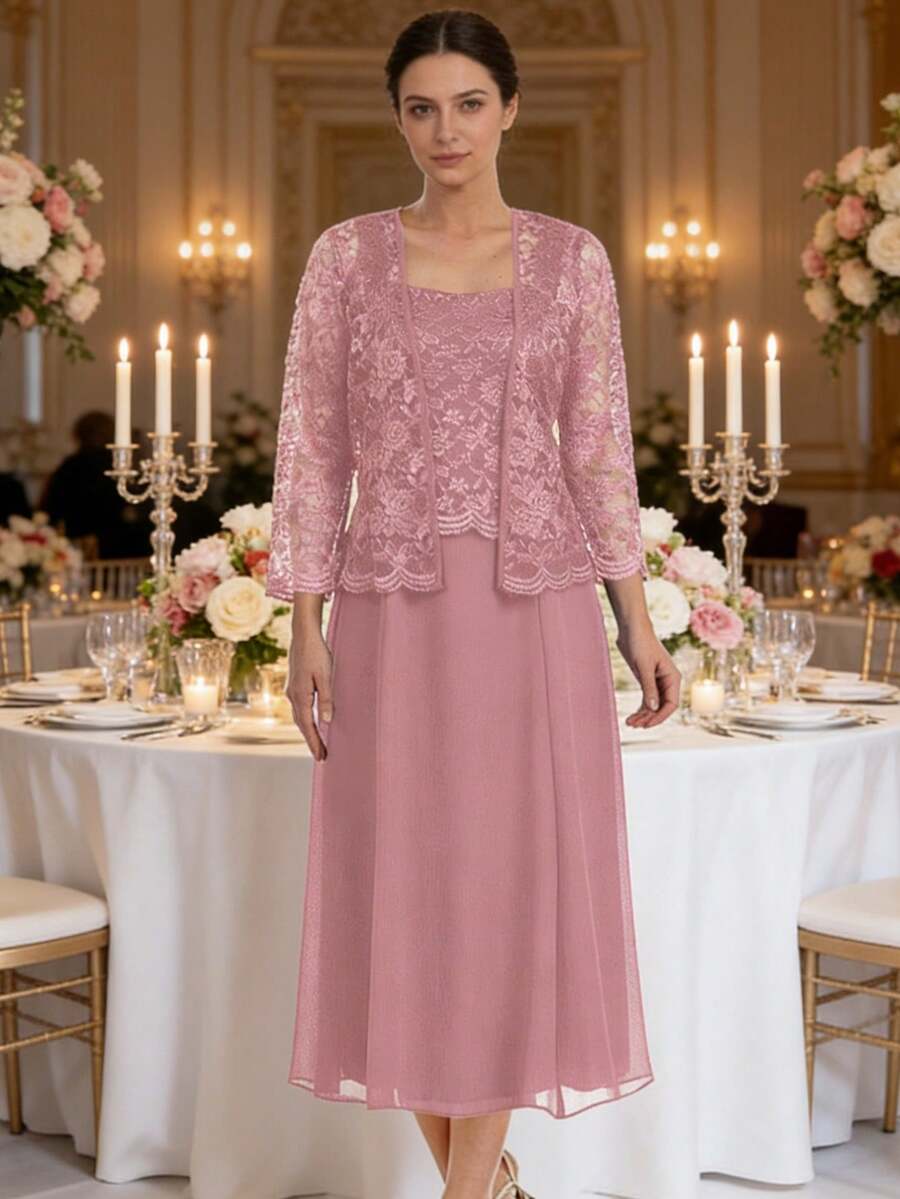 Elegant Two Piece Lace and Chiffon Outfit Featuring a Square Neck Lace Top Paired with a Matching Short Lace Jacket, Designed with Delicate Wave Edge Lace Trim for Added Texture and Dimension, Completed with a Flowing Chiffon Midi A Line Skirt that Creates a Graceful and Balanced Silhouette, Crafted from Sequin Lace and Lightweight Chiffon Fabric with Subtle Shimmer, Ideal as Mother of the Bride Outfit, Evening Wear or Formal Social Occasion Attire, Perfect for Women Seeking a Polished Look that Combines Mature Grace, Soft Femininity and Refined Elegance - Rosa coral - Ver 1