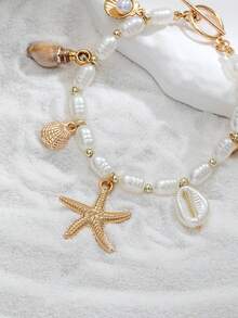 1pc Bohemian Beach Style Faux Pearl Beaded Alloy Starfish & Shell Pendant Bracelet, Suitable For Daily Commute And Vacation Wear - Multicolor - View 3